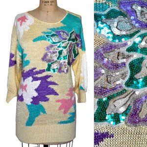 Vintage 1980s Sequin Floral Hand loomed Sweater